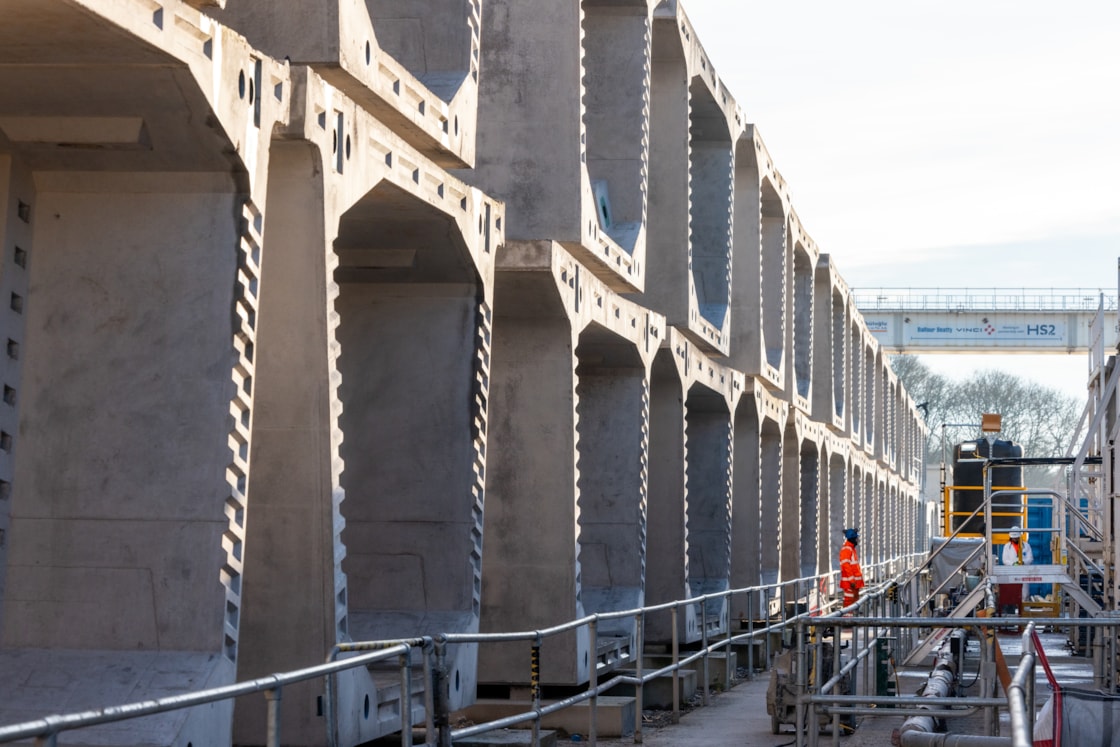 Viaduct segments stacked up at the Kingsbury site