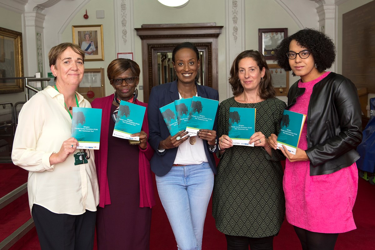 Launch of FGM Risk Assessment Tool (L-R) - Catherine Briody, Islington Council's Head of Youth and Community Services; Joy Clarke, FGM specialist midwife and campaigner; Leyla Hussein; Rosalind Jerram, Manor Gardens Welfare Trust FGM Programme Manager: Cllr Kaya Comer-Schwartz, Islington Council's e