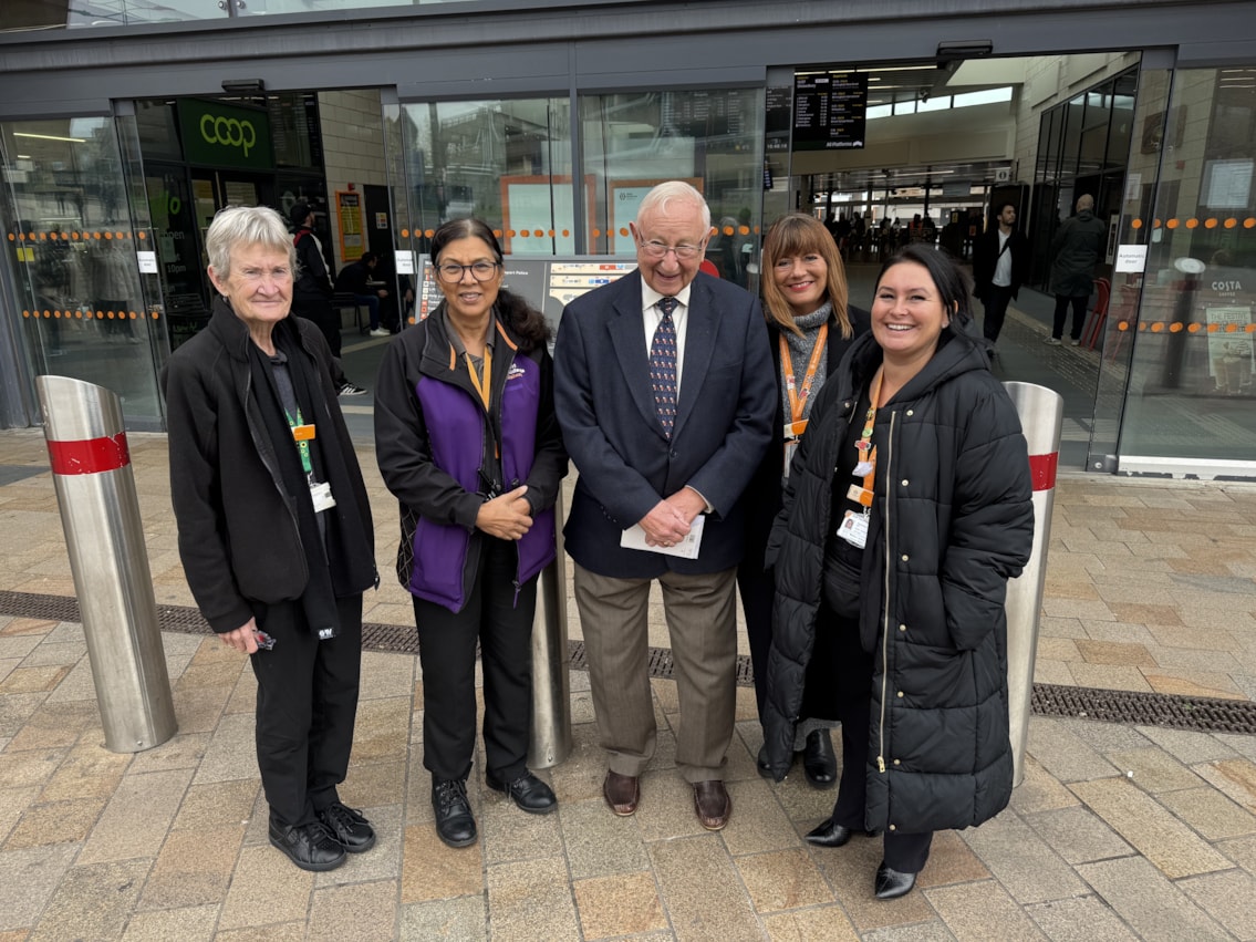  Carole Farrington, customer service assistant retail; Savita Patel, announcer; Paul Matthews, retired announcer; Teresa Woodward, area station manager; Samantha Passmore, customer experience manager