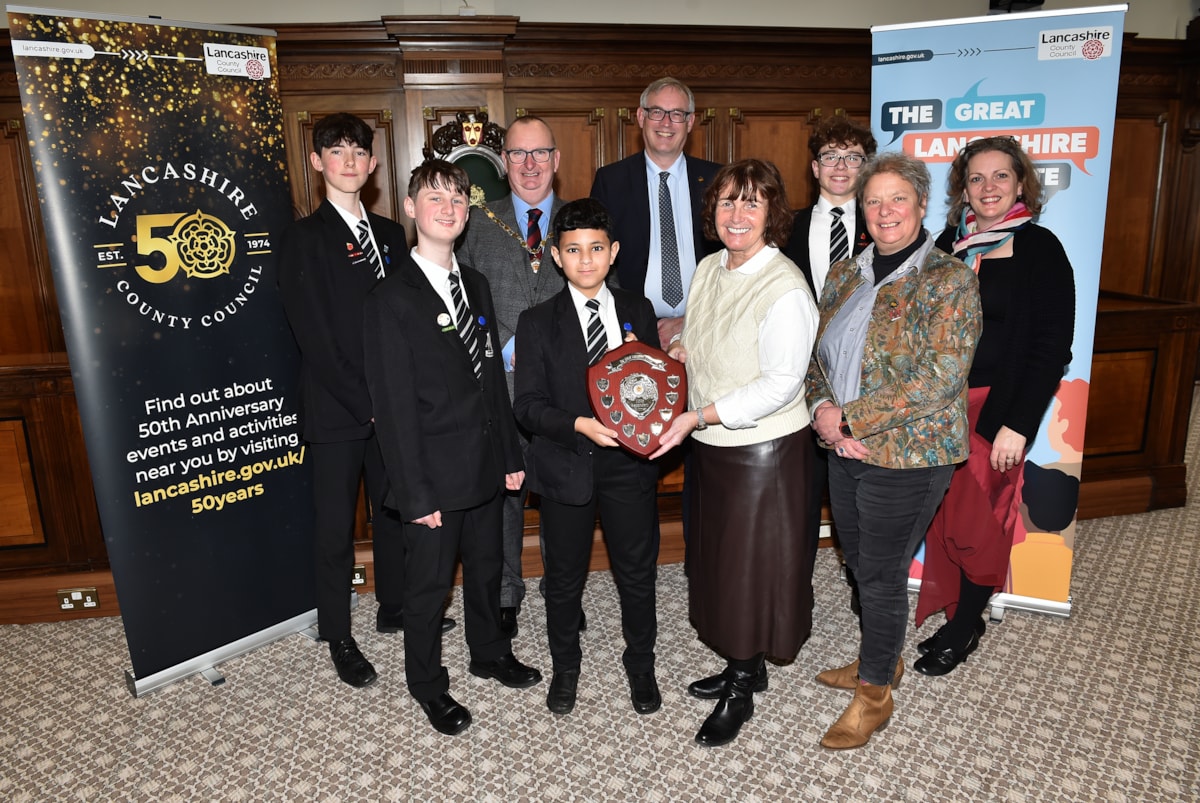 Balshaw's CE High School (Secondary Winner) students and staff with the Vice-Chairman of the Council and the judges