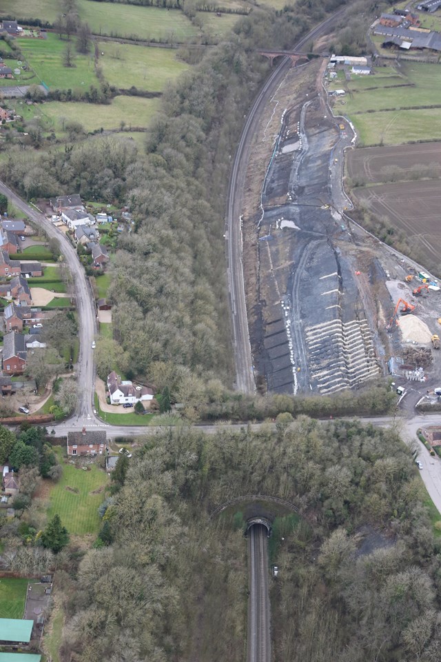 Harbury landslip - aerial, portrait: On Saturday 31 January there was an extremely significant landslip in the Harbury area between Leamington Spa and Banbury affecting both train lines and the tunnel. It's estimated that over 350,000 tonnes of material has shifted  