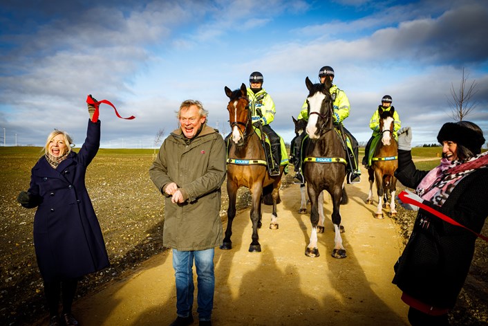 Martin Clunes cuts ribbon on East Leeds Orbital Route equestrian route: President of The BHS, Martin Clunes, Councillor Helen Hayden, WY Mayor Tracy Brabin, members of the WY Police, mounted unit.