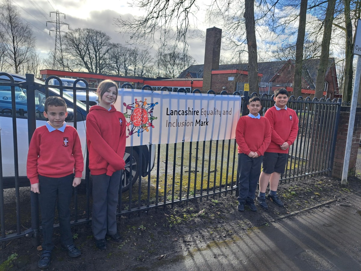 Year 6 pupils (left-right) Manny, Abbie, Ayush and Kaiyan outside Howick Church of England Primary School