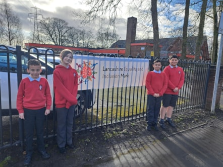 Year 6 pupils (left-right) Manny, Abbie, Ayush and Kaiyan outside Howick Church of England Primary School