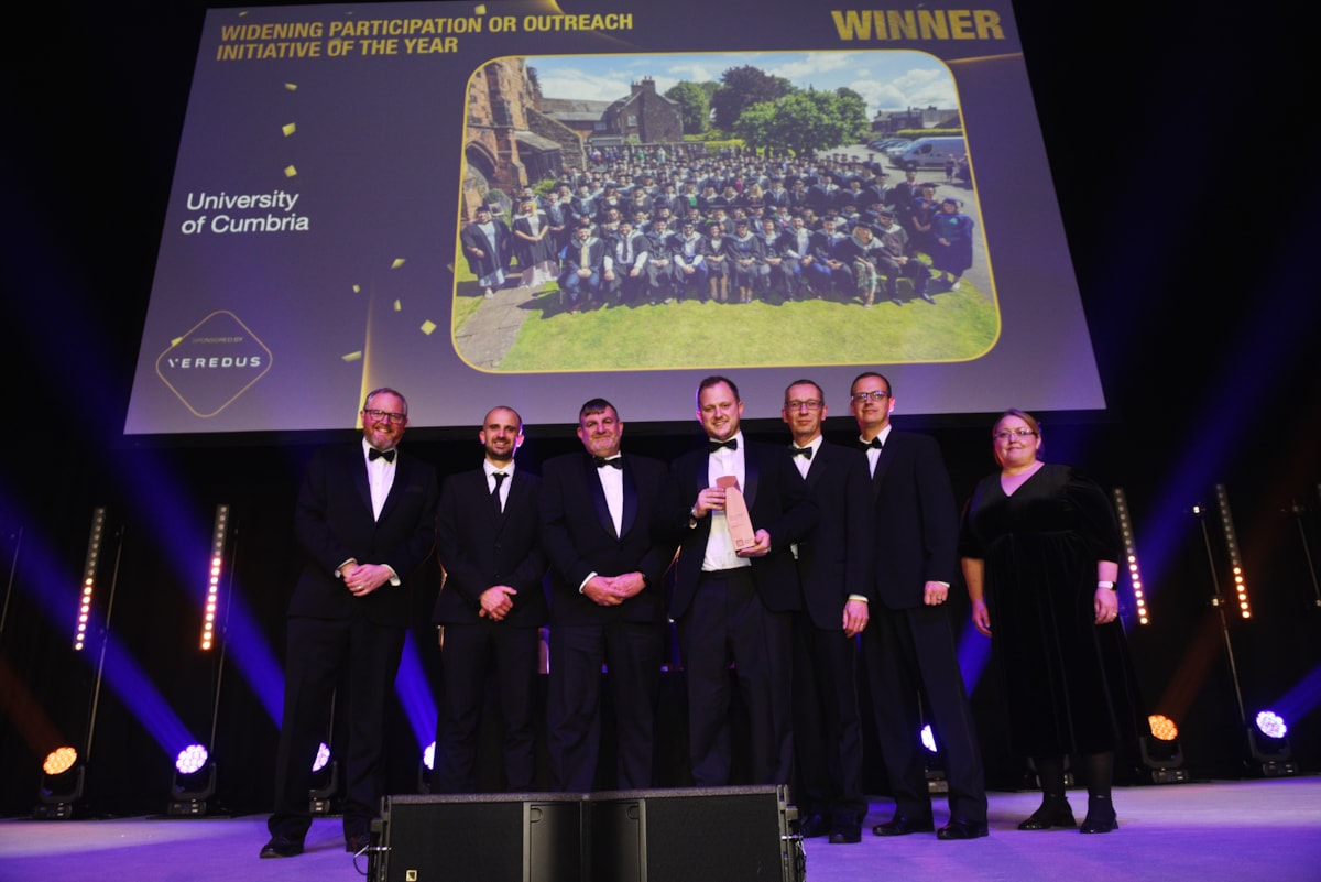 University of Cumbria-led team on stage at the 2024 Times Higher Education Awards after being named winner of the Widening Participation award for its trailblazing paramedic degree apprenticeship
CREDIT: THE Awards