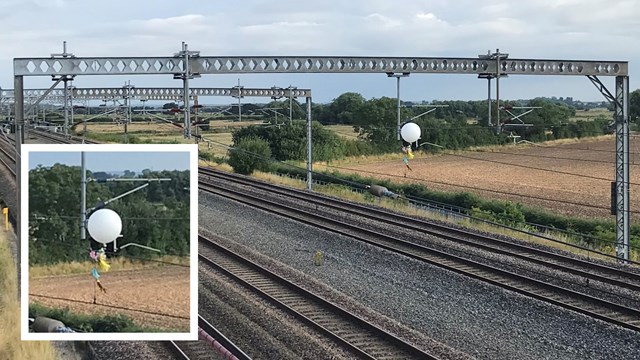Helium balloon halts trains on West Coast main line in Tamworth: Balloon on overhead electric lines at Tamworth composite