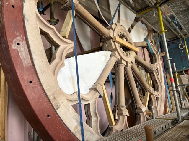 Rose Window in frame credit HLH: The Rose Window is reconstructed within a steel frame