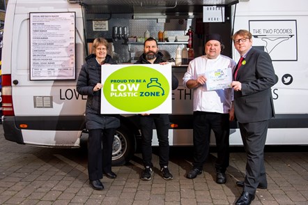 Cllr Champion (pictured left) awards Low Plastic Zone certificate