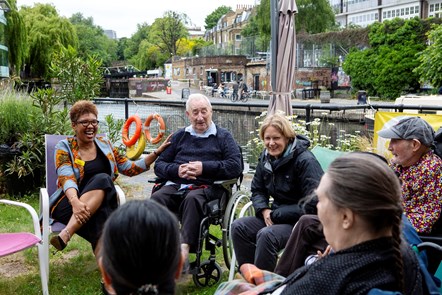 Cllr Champion and Fatma Makalo talk with residents at Bridgeside Lodge Care Centre, overlooking Regents Canal