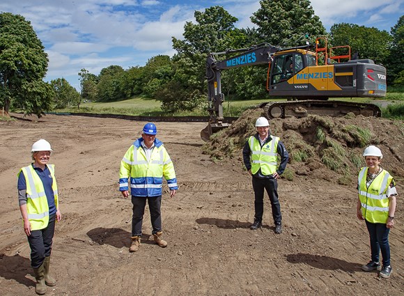 Major improvement work begins at Lyne Burn in Dunfermline: L-R:  Alice Tree (Restorations Officer, SEPA),  Willie Main (Site Manager, Menzies),  Jeremy Harris (CEO, Fife Coast & Countryside Trust) and Cllr Judy Hamilton.