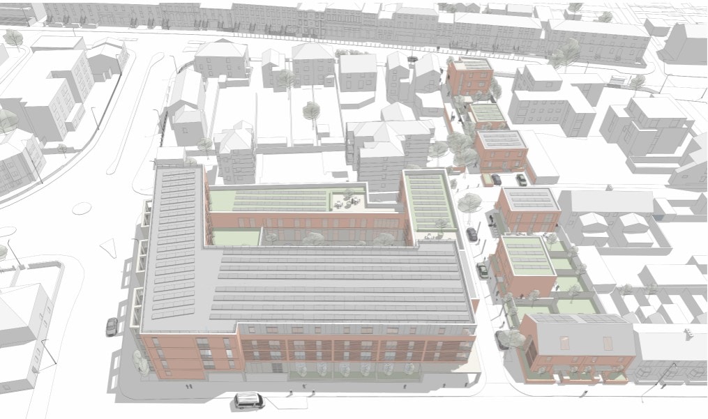 Illustrative aerial view of the approved Battle Street council-housing scheme