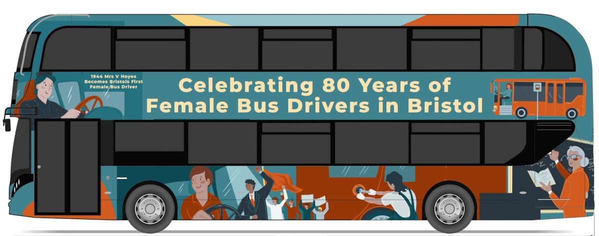 The winning artwork for the double decker bus wrap to mark 80 years since the first female drivers in Bristol was designed by 21-year-old Bristol student Rosalyn Burroughs.