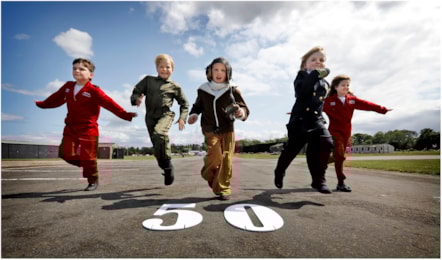 Charlie Calder, Sebastian Sheppard, Walker Kelly, Murdo Waite and Ingrid Jamieson from Athelstaneford Primary mark the National Museum of Flight’s 50th anniversary at East Fortune, East Lothian. Housed on a former Second World War airfield, the attraction opened its doors on 7 July 1975 and now houses an extensive collection of aircraft including a Red Arrows Hawk, a Supermarine Spitfire, a Vulcan bomber and Scotland’s Concorde.