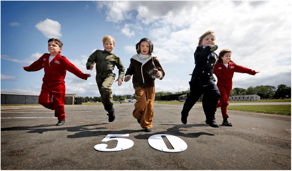 Charlie Calder, Sebastian Sheppard, Walker Kelly, Murdo Waite and Ingrid Jamieson from Athelstaneford Primary mark the National Museum of Flight’s 50th anniversary at East Fortune, East Lothian. Housed on a former Second World War airfield, the attraction opened its doors on 7 July 1975 and now houses an extensive collection of aircraft including a Red Arrows Hawk, a Supermarine Spitfire, a Vulcan bomber and Scotland’s Concorde.