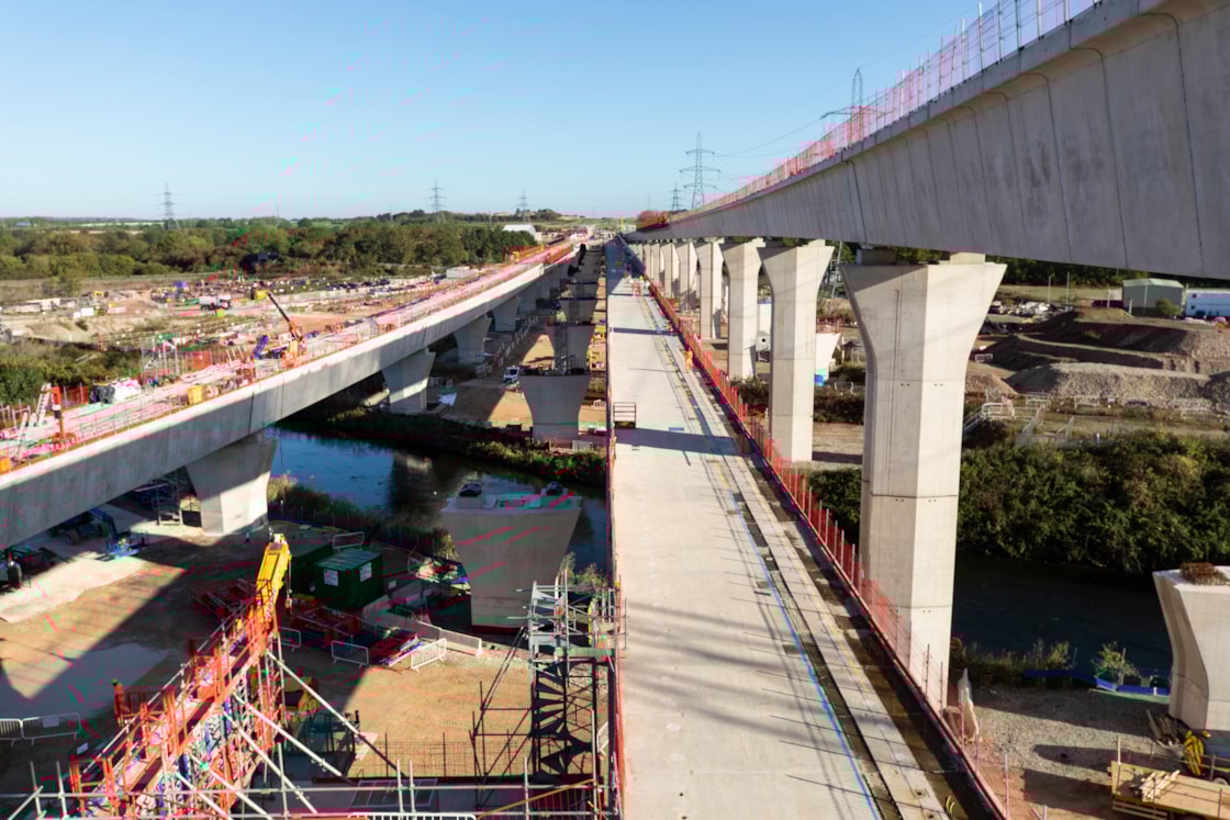 Construction of the River Tame West viaduct with Water Orton viaducts on either side Sept 2025