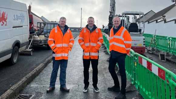 Reinforcement work to make power supplies in Fishguard more resilient welcomed by local MP: Ben Lake MP with Andrew Davies and Mark Phillips from NGED in Fishguard