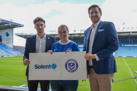 First Solent's Katie Dadd with Portsmouth FC's Lawrence Bisgrove and Mark Judges