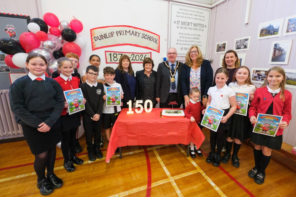Cllr Cowan, Cllr Freel and Depute Provost McGhee at Dunlop Primary 150 anniversary celebrations