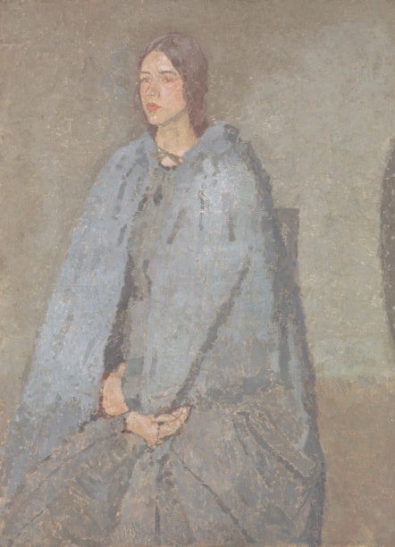 Image of Gwen John's oil painting, The Pilgirim, which depicts a seated woman wearing a blue cape