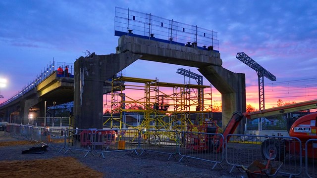 Next phase of railway flyover demolition involves three of the UK’s largest cranes: Bletchley Flyover sunset May 2020 (1)