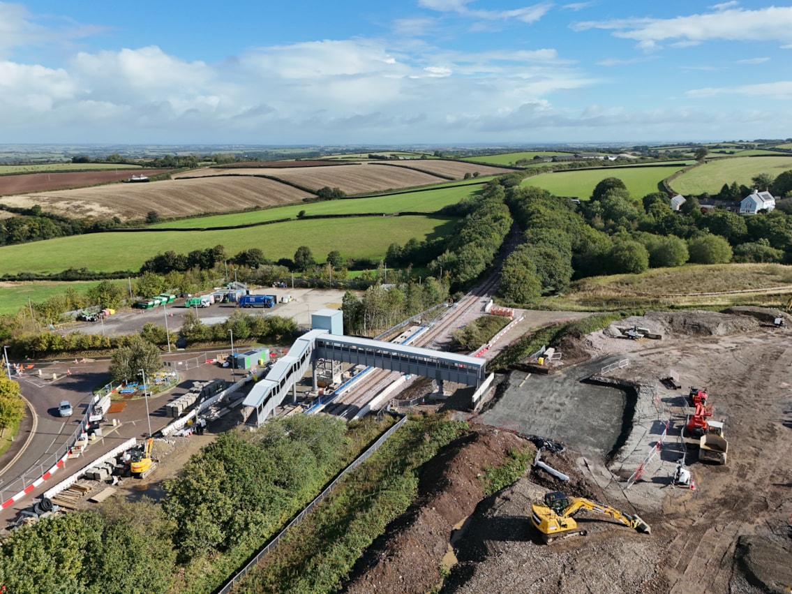 Drone shot of the new lift shaft and footbridge at Okehampton interchange 2- Credit Devon & Cornwall Rail Partnership