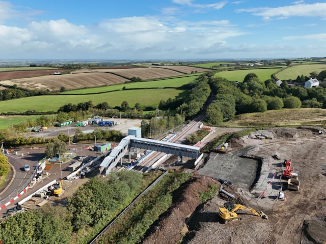 Drone shot of the new lift shaft and footbridge at Okehampton interchange 2- Credit Devon & Cornwall Rail Partnership