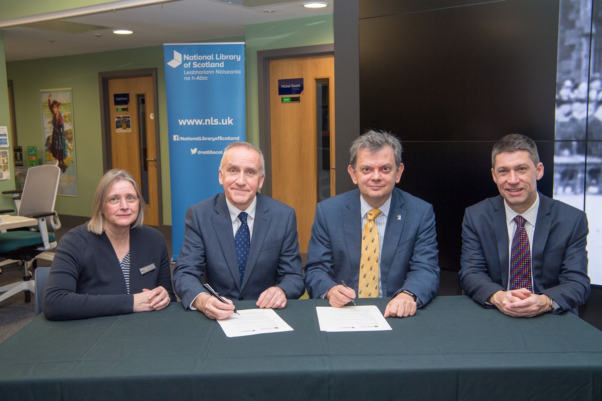 L-R: National Library of Scotland's Associate Director of Collections and Research, Robin Smith; National Librarian Dr John Scally; Principal of the University of Glasgow, Sir Anton Muscatelli; and University Secretary and Chief Operating Officer Dr David Duncan.
Location: the National Library of S
