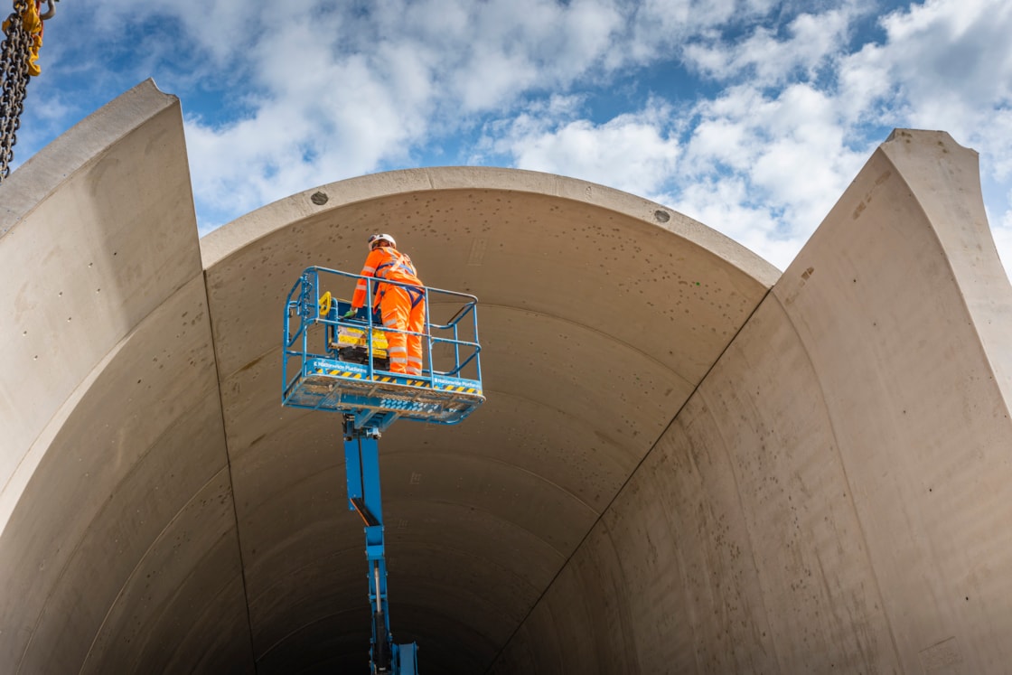Segment assembly being inspected at Chipping Warden green tunnel May 2023