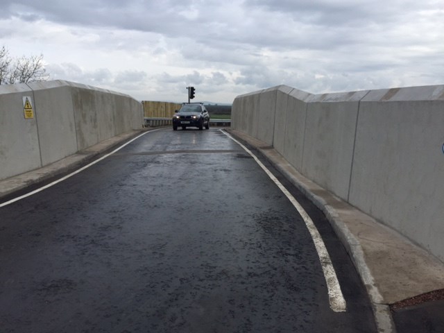 Rebuilt Philpstoun and Park Farm bridges reopen: Park Farm bridge - first car over new structure.