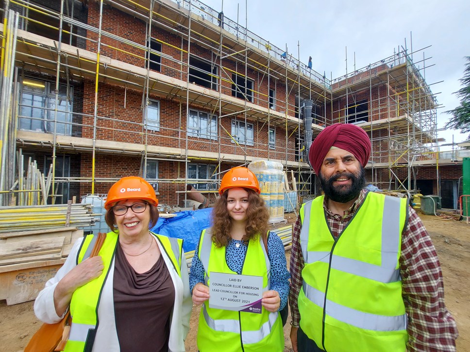 Ward councillors Jenny Rynn (left) and Daya Pal Singh (right) with Lead Councillor for Housing Ellie Emberson at the Lyndhurst Road flats 
