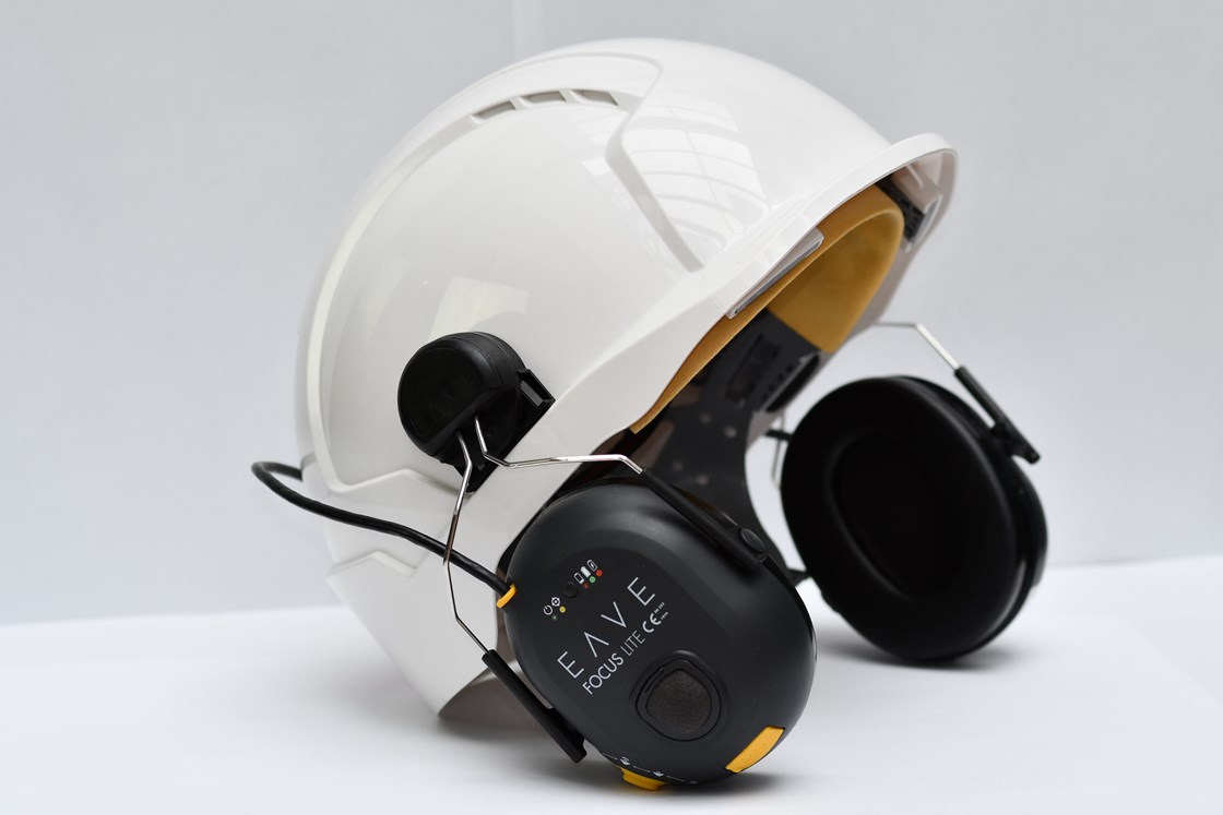 EAVE Helmet Mounted Headset April 2020: Credit: EAVE
HS2 has trialed smart headsets that protect workers from hearing damage. Euston site contractor CSjv has tested the 
Eave headset. It analyses noise data to allow a targeted approach to protecting all workers' hearing across a site.