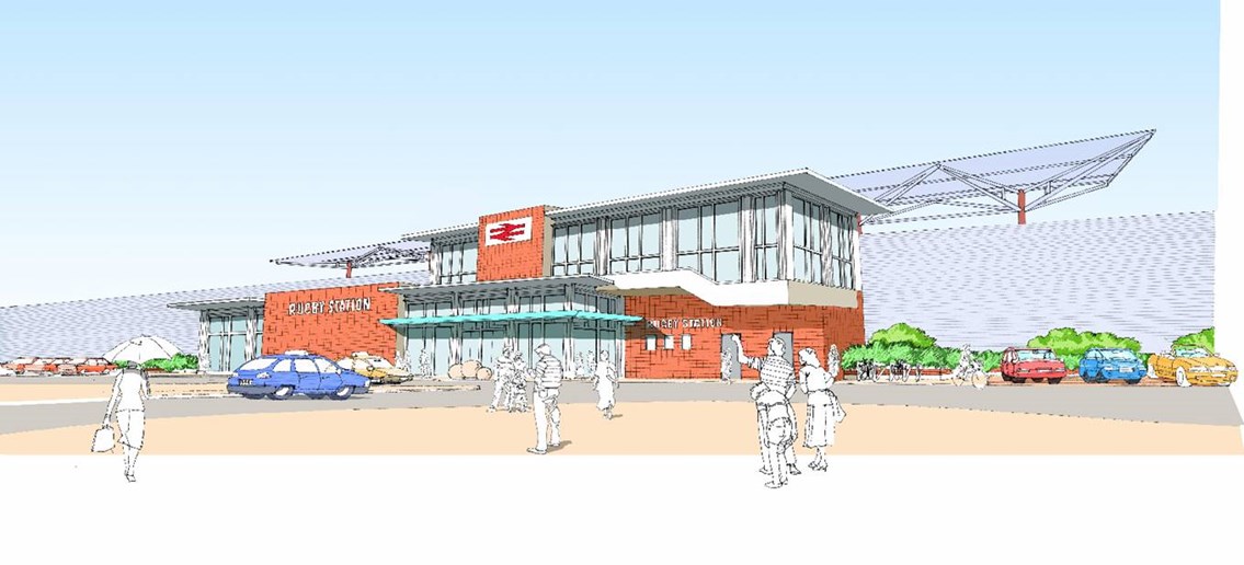 Rugby Station Redevelopment: Artists impression of the proposed new entrance to Rugby station.  Work starts on 13 September 2006 and is expected to be complete by Spring 2007