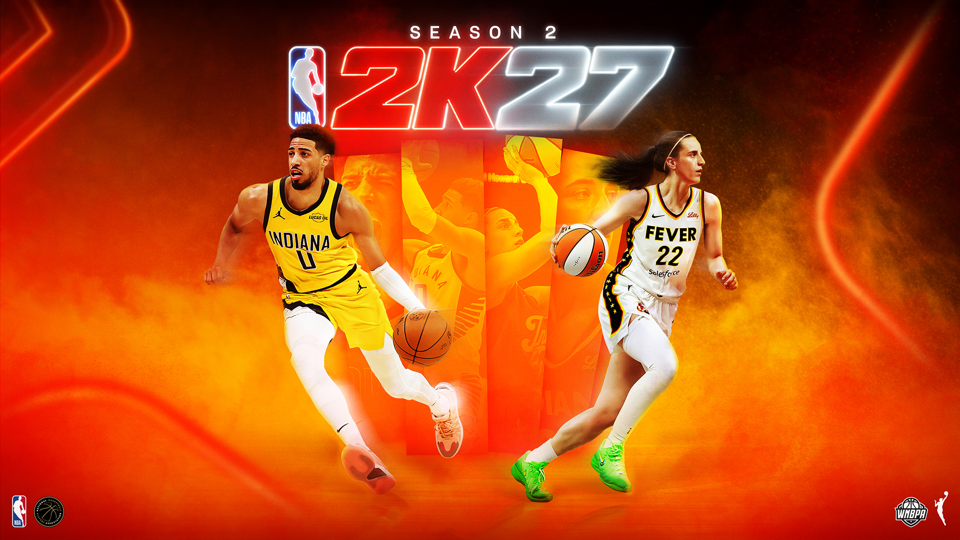 NBA 2K27 Season 2 key art featuring Tyrese Haliburton and Caitlin Clark