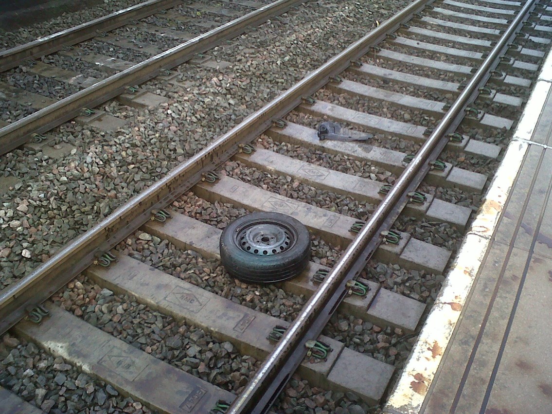 Vandalism - Wilnecote Station: One of thirty tyres and wheels placed on the track at Wilnecote station on 20 March which were struck by a train