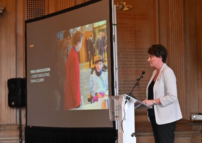 Civic 2: MND Association chief executive Tanya Curry speaking at a civic event held in Leeds to commemorate the life of the late rugby legend Rob Burrow.