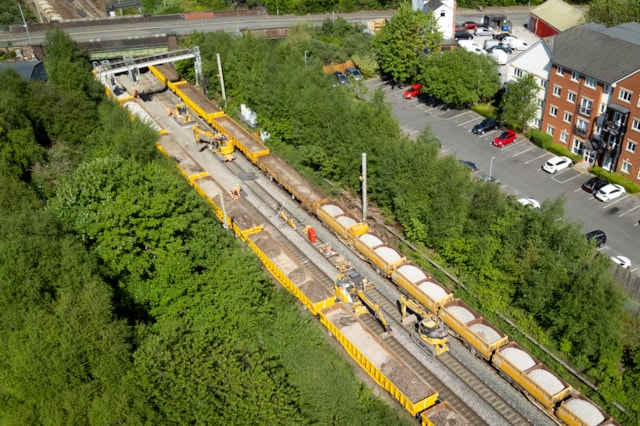 Warrington - Dallam Junction drone shot of ballast trains: Warrington - Dallam Junction drone shot of ballast trains