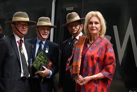 Joanna Lumley, Vice Patron of The Gurkha Welfare Trust, with guests at the train naming ceremony in honour of Tulbahadur Pun