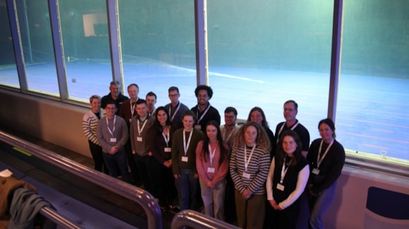 Seafish hosts UK seafood stakeholders at world-leading Danish flume tank: UK visitors at the flume tank. David Warwick back left, Emily Theobald front third right, Rufus Danby back row third from right 1200 x 800
