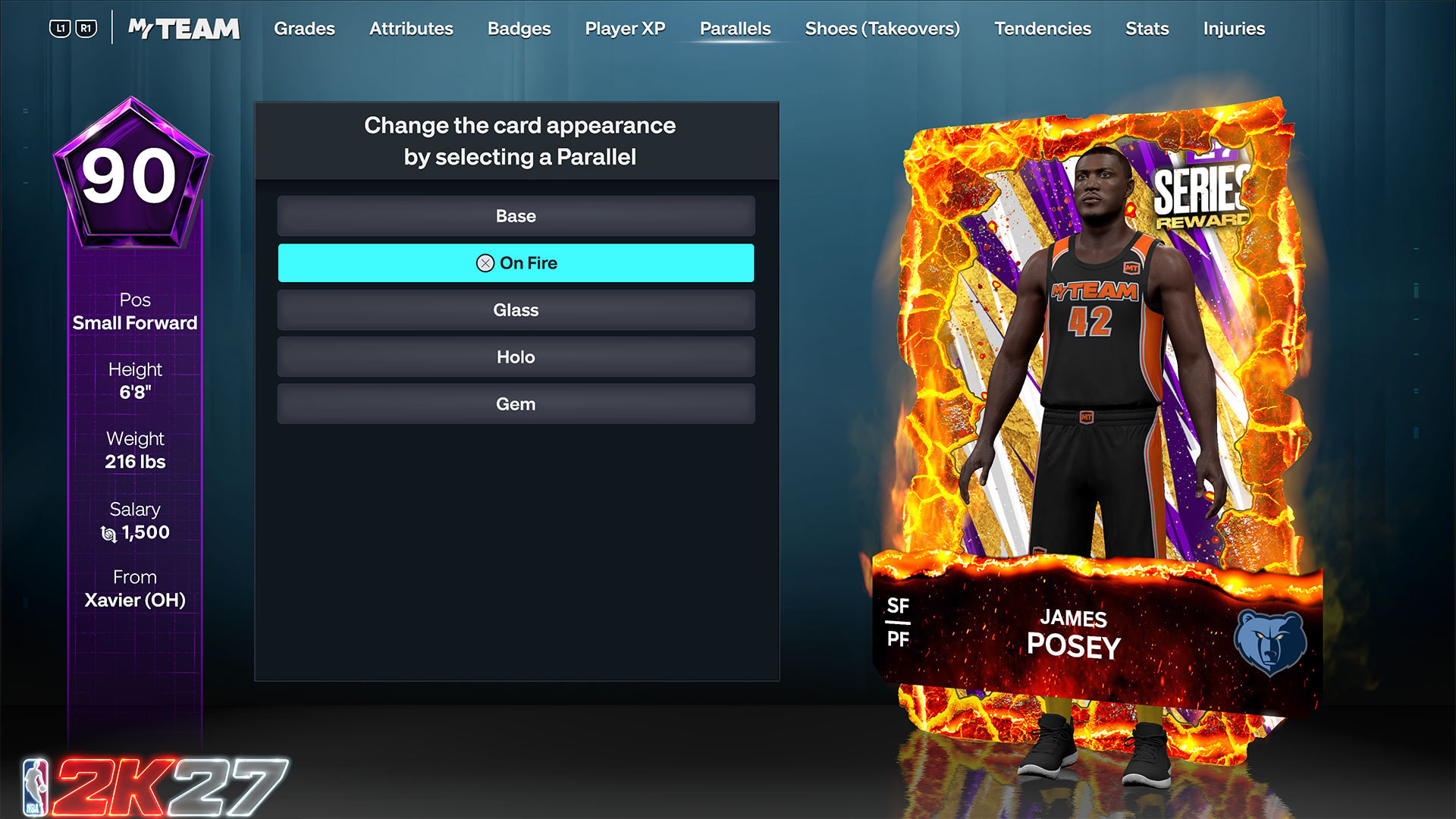 NBA 2K27 MyTEAM Parallels menu showing a James Posey card with the On Fire parallel selected alongside Glass, Holo and Gem options