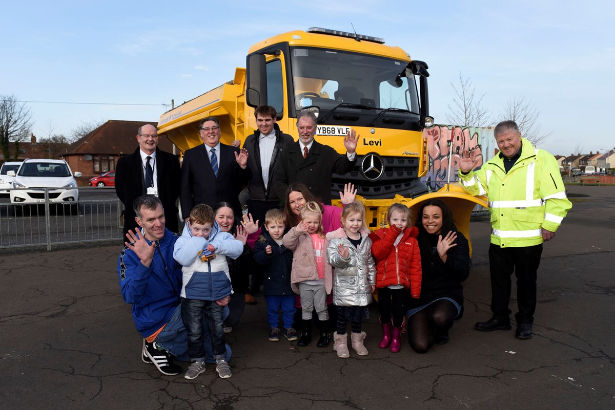 Cllrs Ian Cochrane, Douglas Campbell and Ian Davis with Levi (front left) and Kevin Braidwood and Brian Jolly from the Ayrshire Roads Alliance at Cherry Tree early years centre.