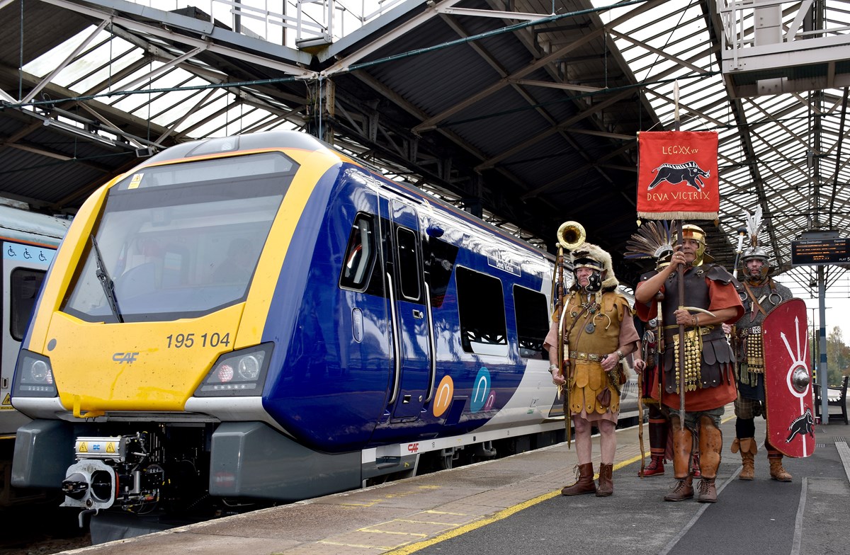 Roman Tours Deva Victrix herald the arrival of Northern's new train at Chester