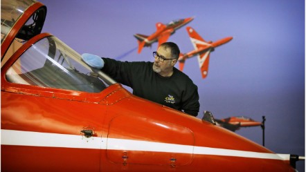 Principal Conservator, Stuart McDonald cleans a Red Arrows Hawk at the National Museum of Flight. Image (c) Paul Dodd (4)