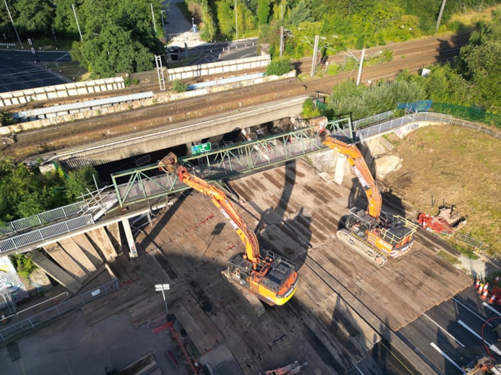 Armley Gyratory Wellington footbridge during demolition 1: Armley Gyratory Wellington footbridge during demolition 1