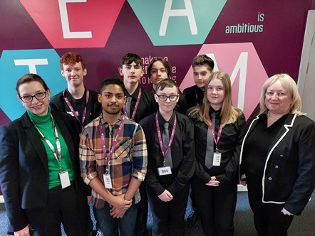 Students from King's Academy Prospect and John Madejski Academy (JMA) alongside Jackie Yates, Reading Council's Chief Executive and Cllr Liz Terry, Reading’s Lead Councillor for Corporate Services and Resources.