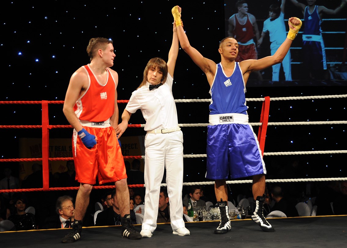 Zelfa Barrett declared the winner: Zelfa Barrett of Moston and Collyhurst Boxing Club is declared the wiiner of his bout against Andrew Griffin of Bolton Elite.