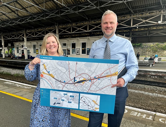 Neil Holm (right), Transpennine Route Upgrade Director, with Hannah Lomas (left), Principal Programme Sponsor, at Huddersfield station