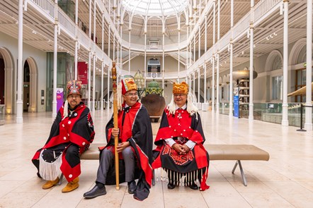 Delegates from the Nisga’a Nation (L-R Chief Ni’isjoohl, Chief Laay, Chief Duuk) arrive at the National Museum of Scotland. Image credit Duncan McGlynn