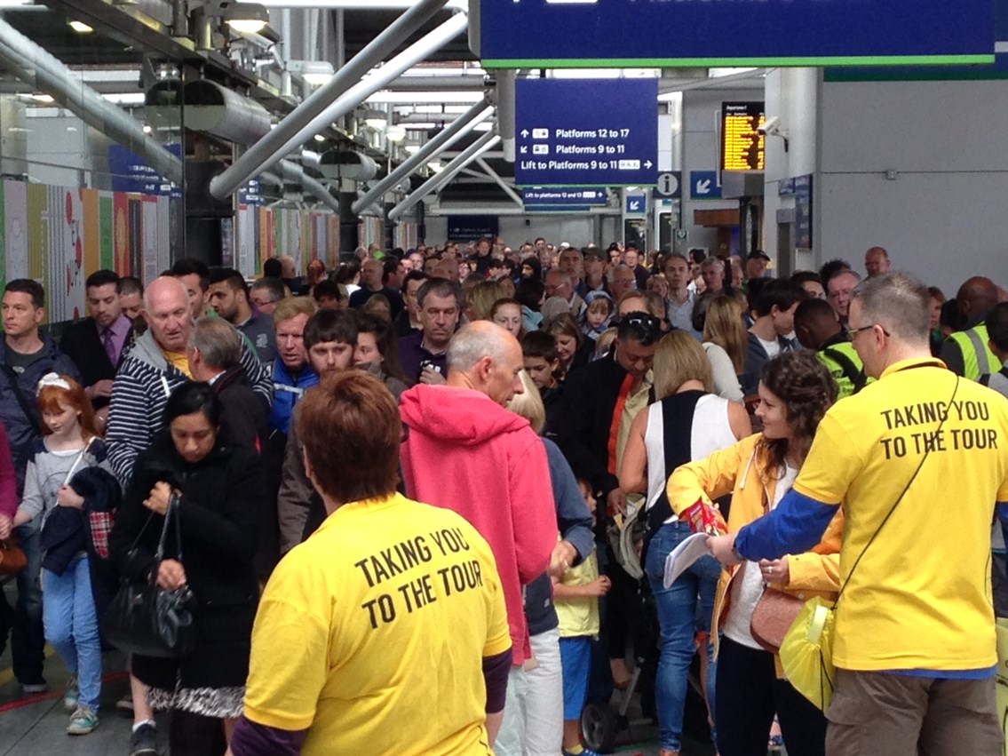 Tour de France in Yorkshire - volunteers in Leeds station: 5 July 2014