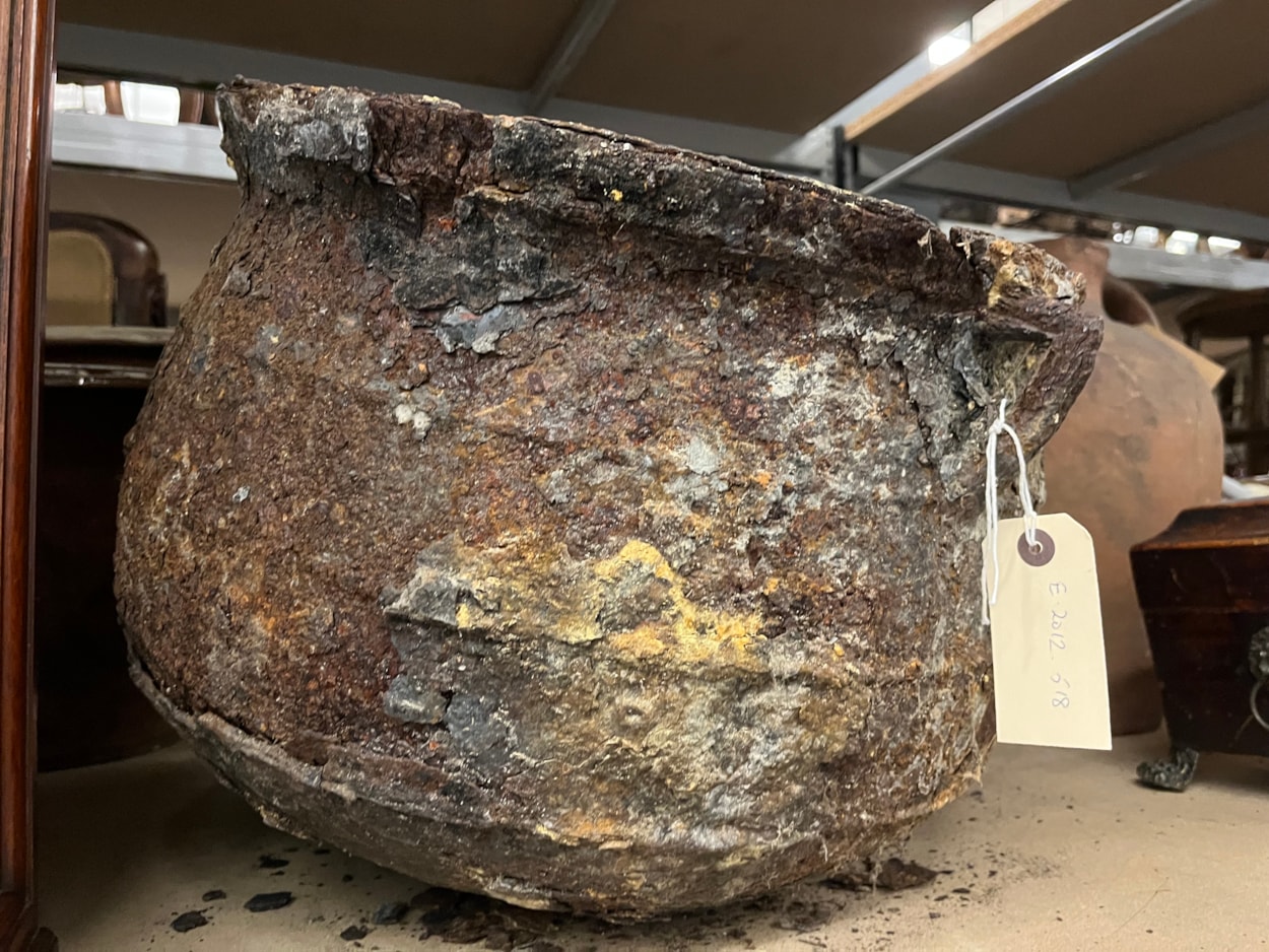 Cauldron: The cauldron was originally discovered in a cellar in Chapeltown in 2012 after workers came to investigate a peculiar dripping sound which the resident could not locate.
Removing a wall, they discovered what appeared to be a petrified object which was later identified as a metal cauldron, sealed behind the wall in what is believed to have been part of an ancient practice designed to protect the house and its residents from malign or supernatural forces.