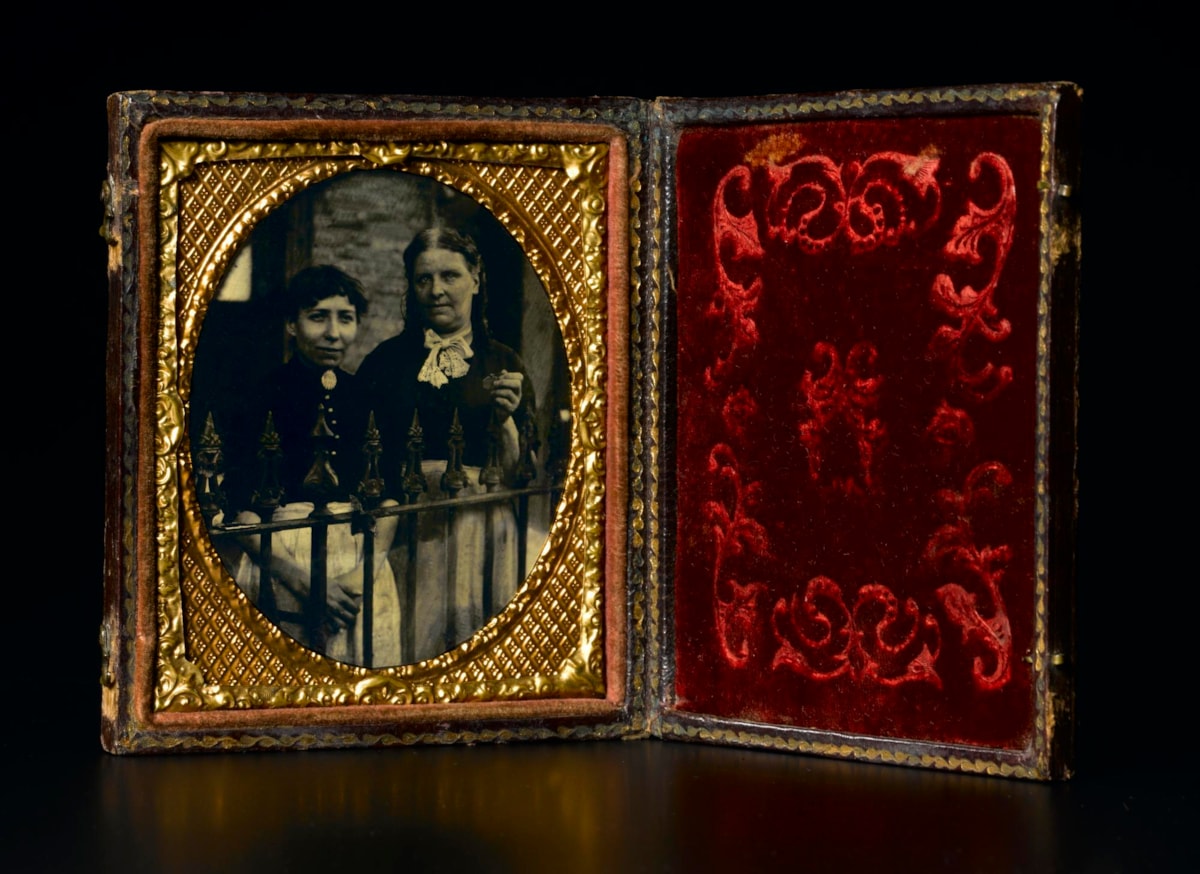 ambrotype photograph, depicting two women in servant aprons by an itinerant photographer, unsigned, 1850s - 1860s